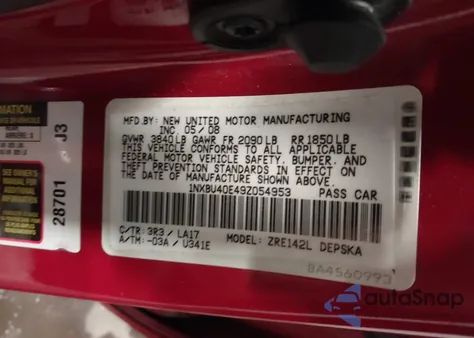 2009 Toyota Corolla S from USA, damaged, VIN 1NXBU40E49Z054953